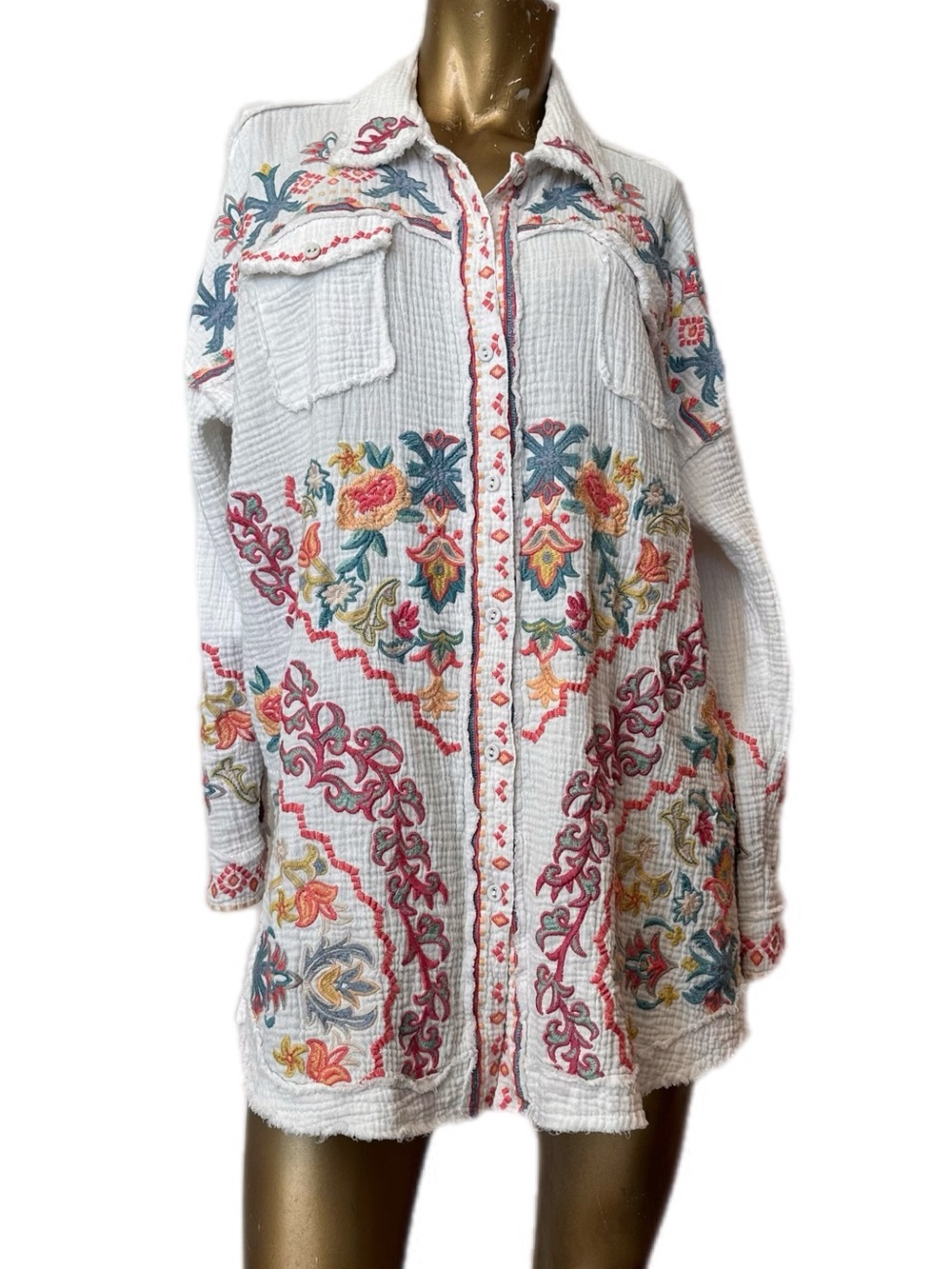 BIYA Johnny Was Colorful floral motif Embroidered cotton Gauze Tunic Shirt PXL